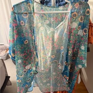 Floral Sheer Women's Kimono - Blue and Pink